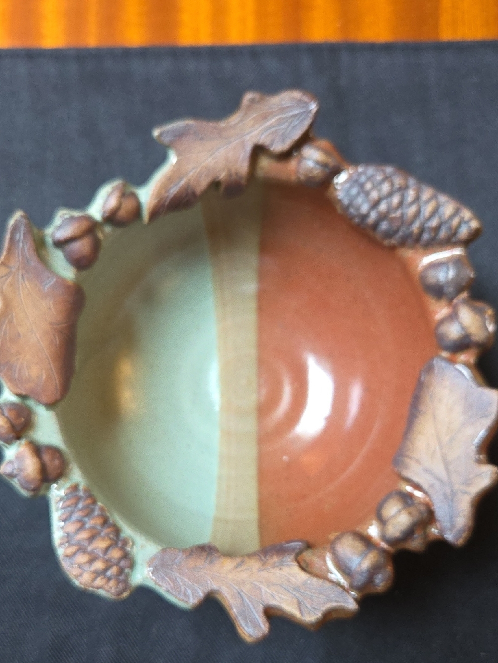 Two-Tone Handmade Ceramic Bowl with Oak Leaf and Acorn Trim
